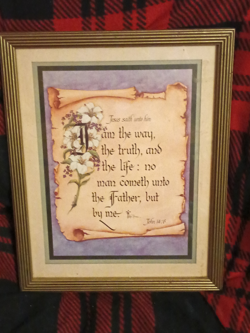 Source Unknown Gold Framed Religious Scripture Art with Lavender Matting